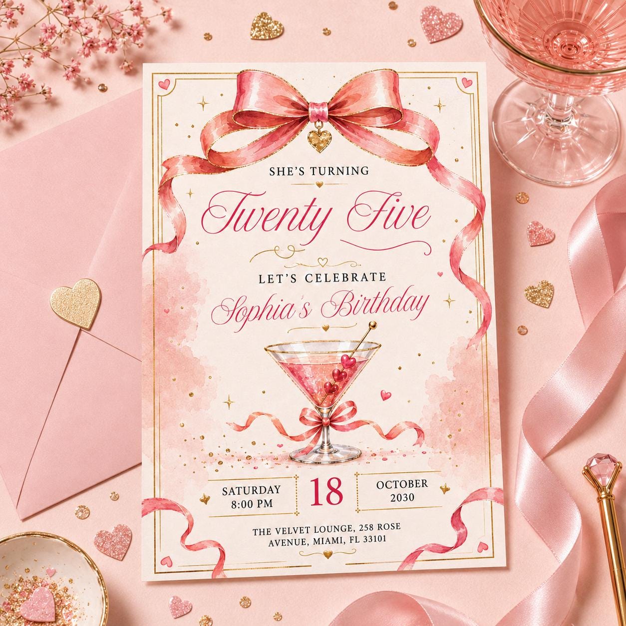 25th Birthday Invitation, Rose Gold Canva Template Invite, Blush Confetti & Sparkle Card, Twenty Five Milestone Birthday Party Evite Canva __etsy:8024450662