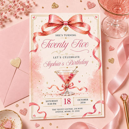 25th Birthday Invitation, Rose Gold Canva Template Invite, Blush Confetti & Sparkle Card, Twenty Five Milestone Birthday Party Evite Canva __etsy:8024450662