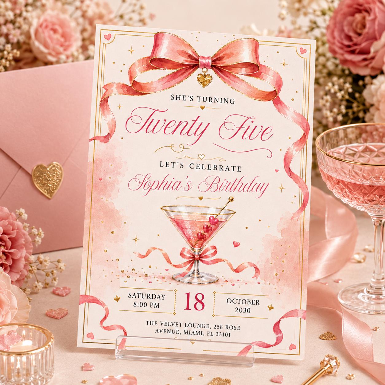 25th Birthday Invitation, Rose Gold Canva Template Invite, Blush Confetti & Sparkle Card, Twenty Five Milestone Birthday Party Evite Canva __etsy:8024450624