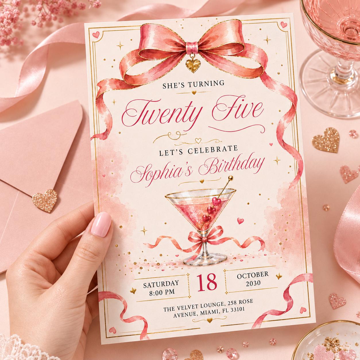 25th Birthday Invitation, Rose Gold Canva Template Invite, Blush Confetti & Sparkle Card, Twenty Five Milestone Birthday Party Evite Canva __etsy:8024450626