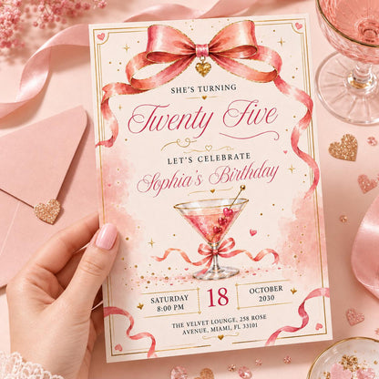 25th Birthday Invitation, Rose Gold Canva Template Invite, Blush Confetti & Sparkle Card, Twenty Five Milestone Birthday Party Evite Canva __etsy:8024450626