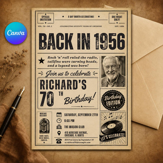 70th Birthday Invitation Template, Born In 1956 Birthday Newspaper Invite With Photo For Men or Women, Edit With Canva __etsy:8101261917