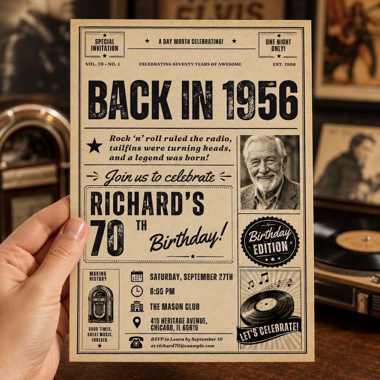 70th Birthday Invitation Template, Born In 1956 Birthday Newspaper Invite With Photo For Men or Women, Edit With Canva __etsy:8053346554
