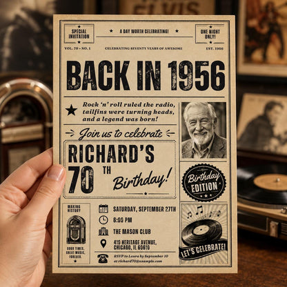70th Birthday Invitation Template, Born In 1956 Birthday Newspaper Invite With Photo For Men or Women, Edit With Canva __etsy:8053346554