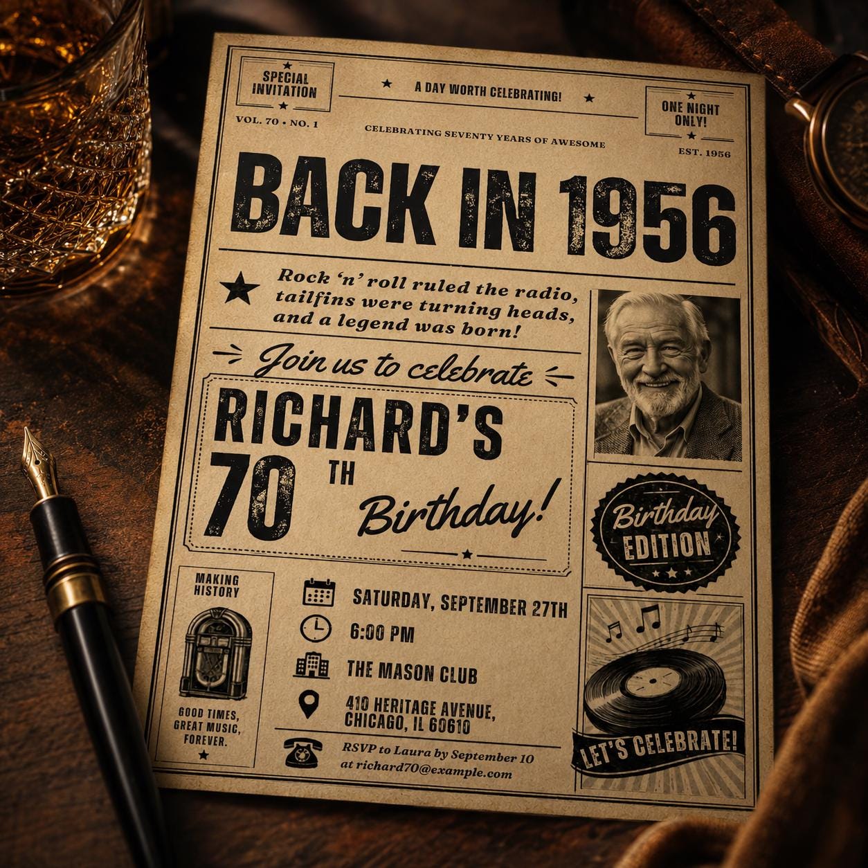 70th Birthday Invitation Template, Born In 1956 Birthday Newspaper Invite With Photo For Men or Women, Edit With Canva __etsy:8053346602