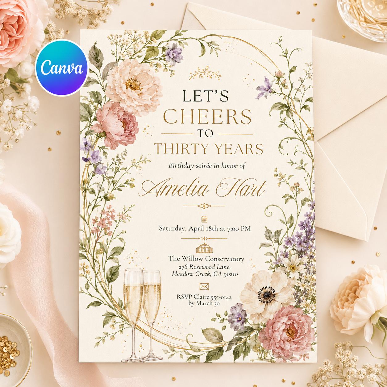 30th Birthday Invitation Template, Cheers to 30 Years Invitation, Whimsical Thirty Invite, Beer 30th Party Invite, Printable Digital Canva __etsy:8111182637