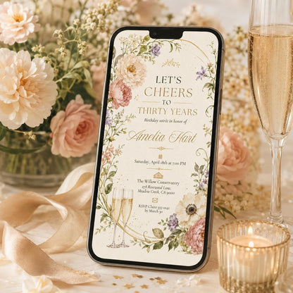 30th Birthday Invitation Template, Cheers to 30 Years Invitation, Whimsical Thirty Invite, Beer 30th Party Invite, Printable Digital Canva __etsy:8063264100