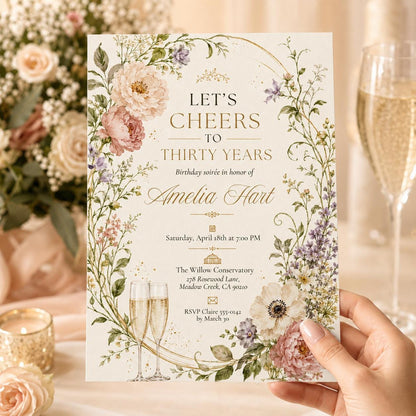 30th Birthday Invitation Template, Cheers to 30 Years Invitation, Whimsical Thirty Invite, Beer 30th Party Invite, Printable Digital Canva __etsy:8063264104