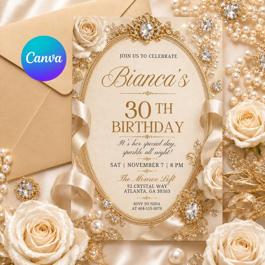 30th Birthday Invitation for Him, 30th Invite Template Evite, Editable Canva Template, Black and Gold Balloon Birthday Party Invitation __etsy:8086032827