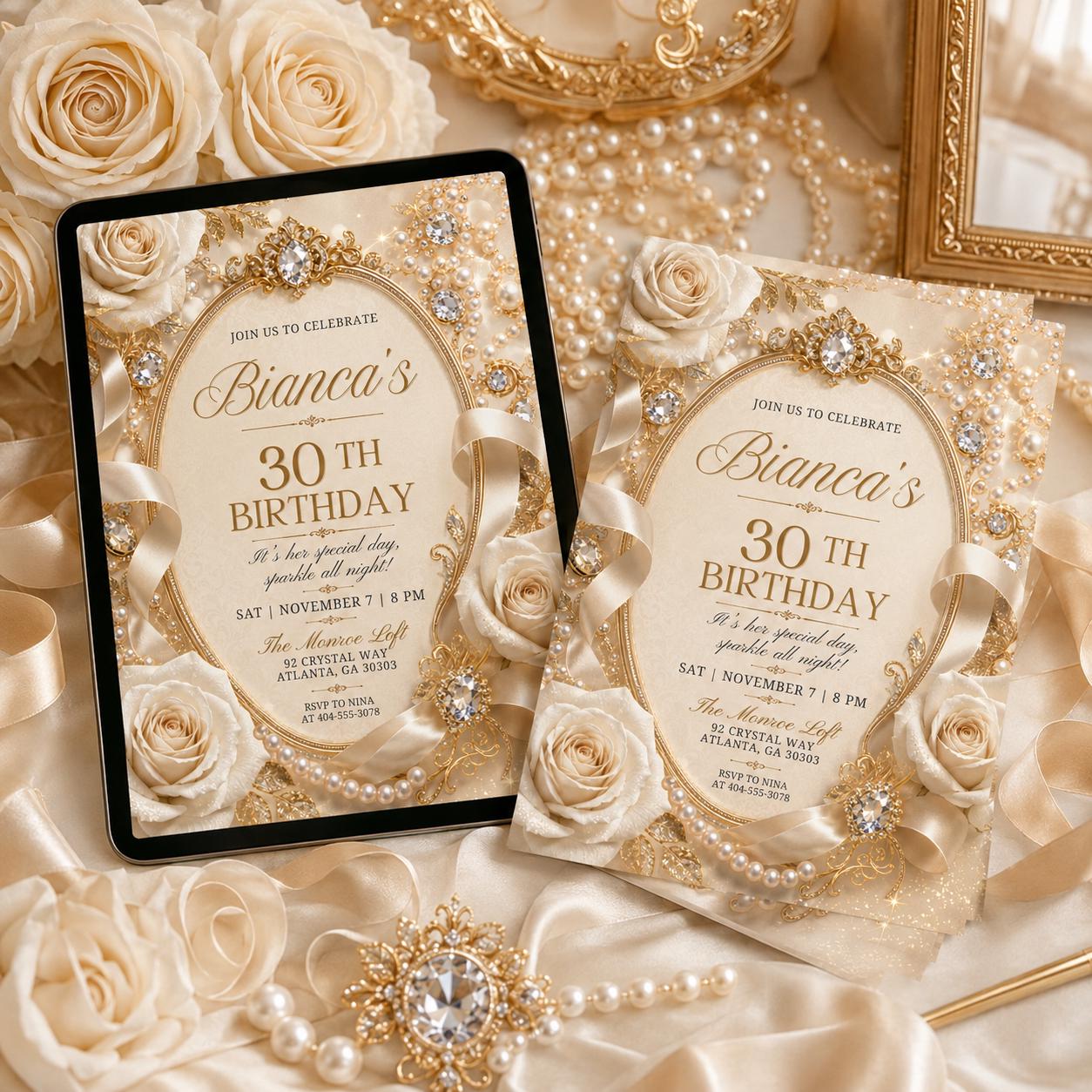 30th Birthday Invitation for Him, 30th Invite Template Evite, Editable Canva Template, Black and Gold Balloon Birthday Party Invitation __etsy:8038119104