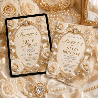 30th Birthday Invitation for Him, 30th Invite Template Evite, Editable Canva Template, Black and Gold Balloon Birthday Party Invitation __etsy:8038119104
