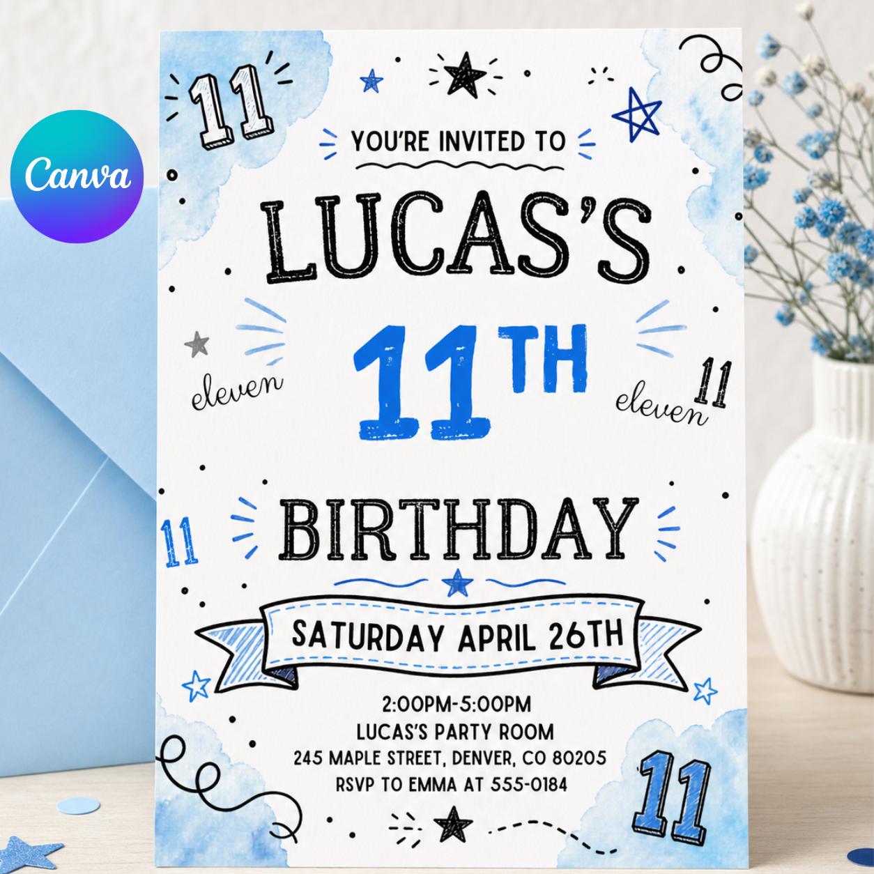 11th Boy Birthday Invitation, Editable Canva Boy Birthday Invitation, Teenager Birthday Invite, 11th Birthday Invitation, Canva Template __etsy:7987955512