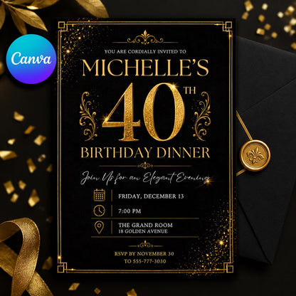 40th Gold Birthday Evite, 40Th Birthday Invite, 40th Birthday Invites Male, 40th Invitation, Black Gold 40th Birthday Invitation __etsy:8094884633