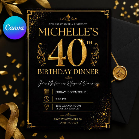 40th Gold Birthday Evite, 40Th Birthday Invite, 40th Birthday Invites Male, 40th Invitation, Black Gold 40th Birthday Invitation __etsy:8094884633