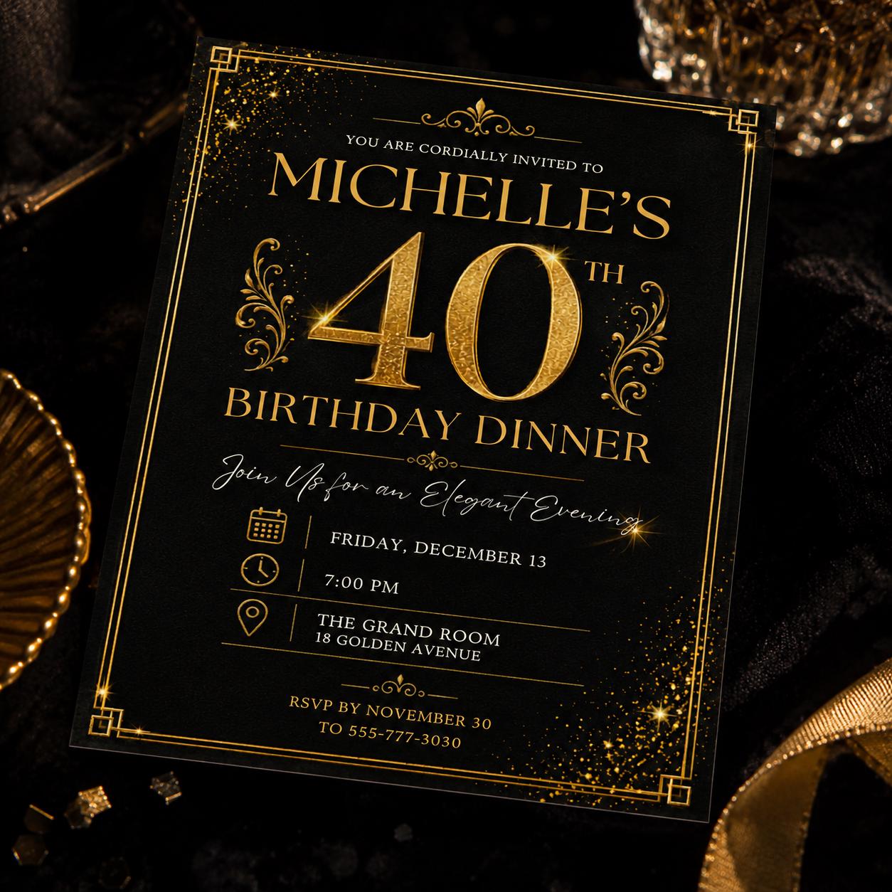 40th Gold Birthday Evite, 40Th Birthday Invite, 40th Birthday Invites Male, 40th Invitation, Black Gold 40th Birthday Invitation __etsy:8046975666