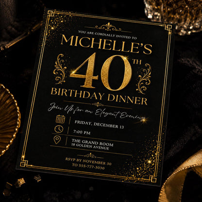 40th Gold Birthday Evite, 40Th Birthday Invite, 40th Birthday Invites Male, 40th Invitation, Black Gold 40th Birthday Invitation __etsy:8046975666