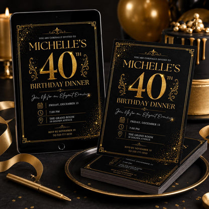40th Gold Birthday Evite, 40Th Birthday Invite, 40th Birthday Invites Male, 40th Invitation, Black Gold 40th Birthday Invitation __etsy:8094884689