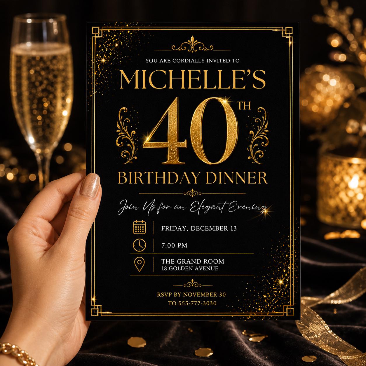 40th Gold Birthday Evite, 40Th Birthday Invite, 40th Birthday Invites Male, 40th Invitation, Black Gold 40th Birthday Invitation __etsy:8046975884