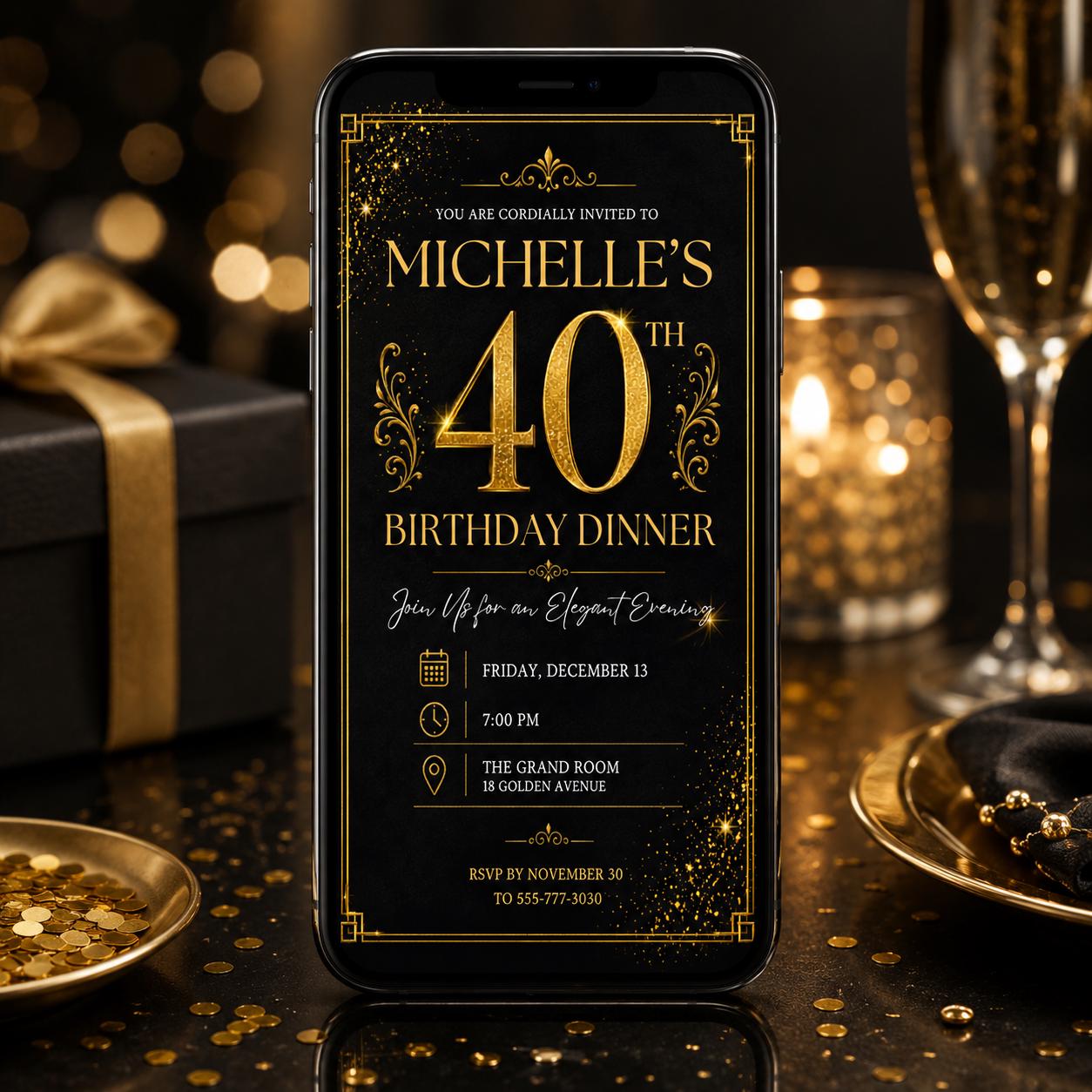 40th Gold Birthday Evite, 40Th Birthday Invite, 40th Birthday Invites Male, 40th Invitation, Black Gold 40th Birthday Invitation __etsy:8094884769