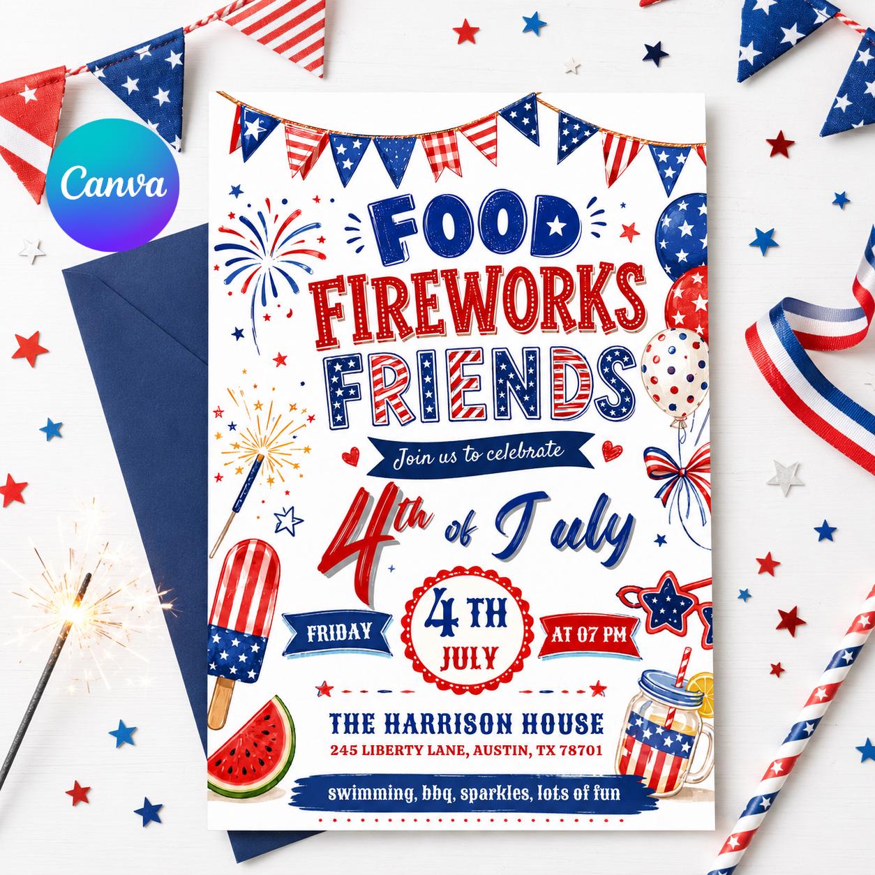 4th Of July BBQ Invitation, Party In USA Invite, Independence Day BBQ Barbeque Invite, July Fourth Food Friend and Firework, Editable Canva __etsy:8051686719