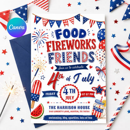 4th Of July BBQ Invitation, Party In USA Invite, Independence Day BBQ Barbeque Invite, July Fourth Food Friend and Firework, Editable Canva __etsy:8051686719