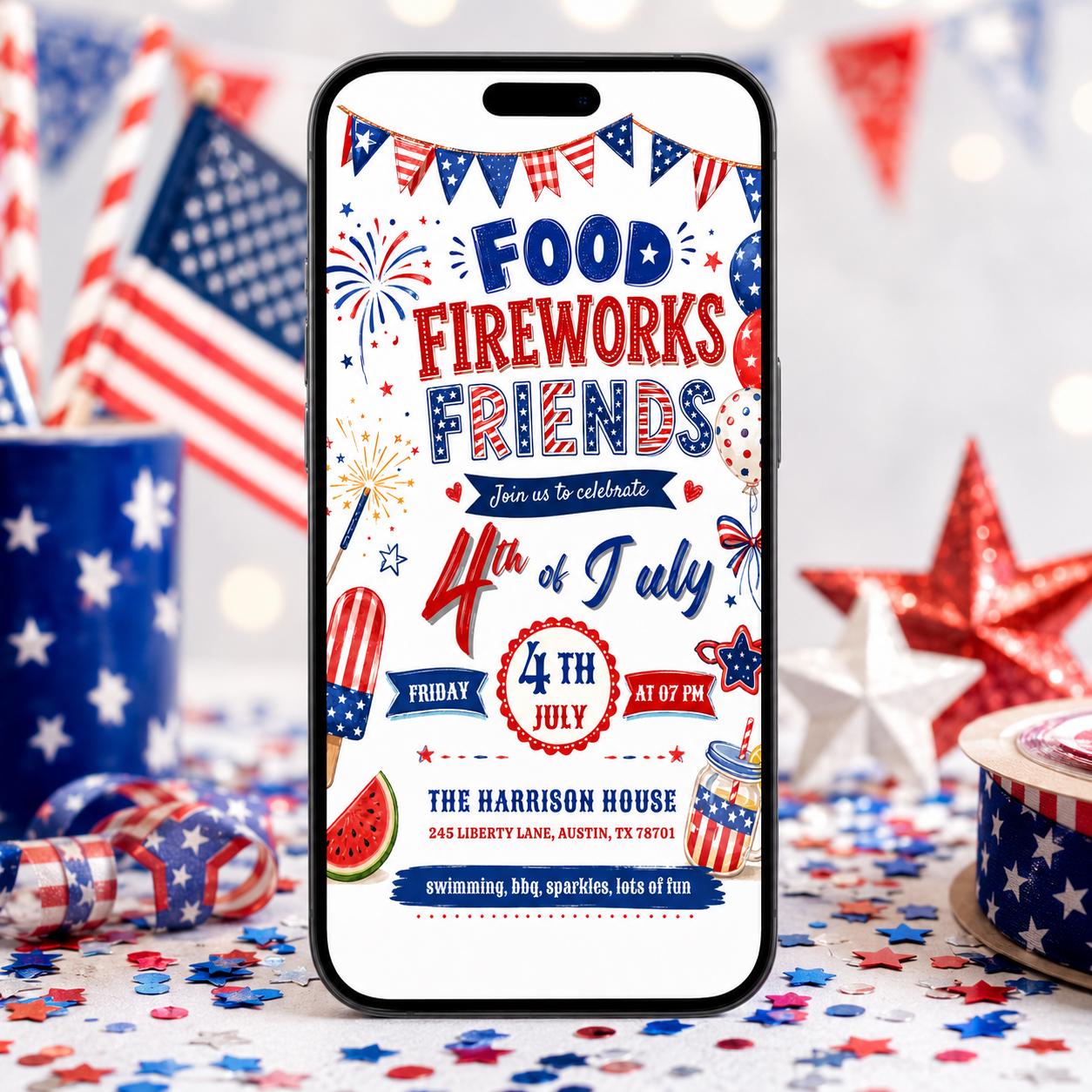 4th Of July BBQ Invitation, Party In USA Invite, Independence Day BBQ Barbeque Invite, July Fourth Food Friend and Firework, Editable Canva __etsy:8051669847