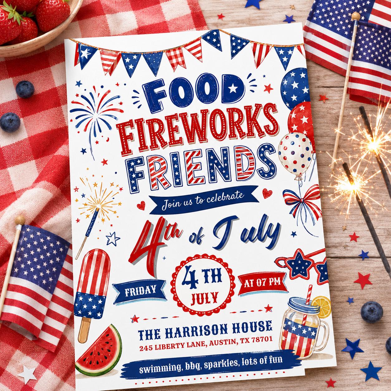 4th Of July BBQ Invitation, Party In USA Invite, Independence Day BBQ Barbeque Invite, July Fourth Food Friend and Firework, Editable Canva __etsy:8003748496