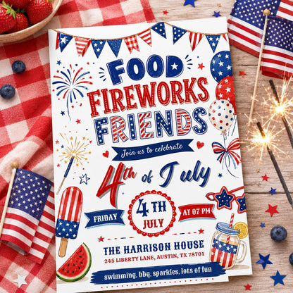 4th Of July BBQ Invitation, Party In USA Invite, Independence Day BBQ Barbeque Invite, July Fourth Food Friend and Firework, Editable Canva __etsy:8003748496