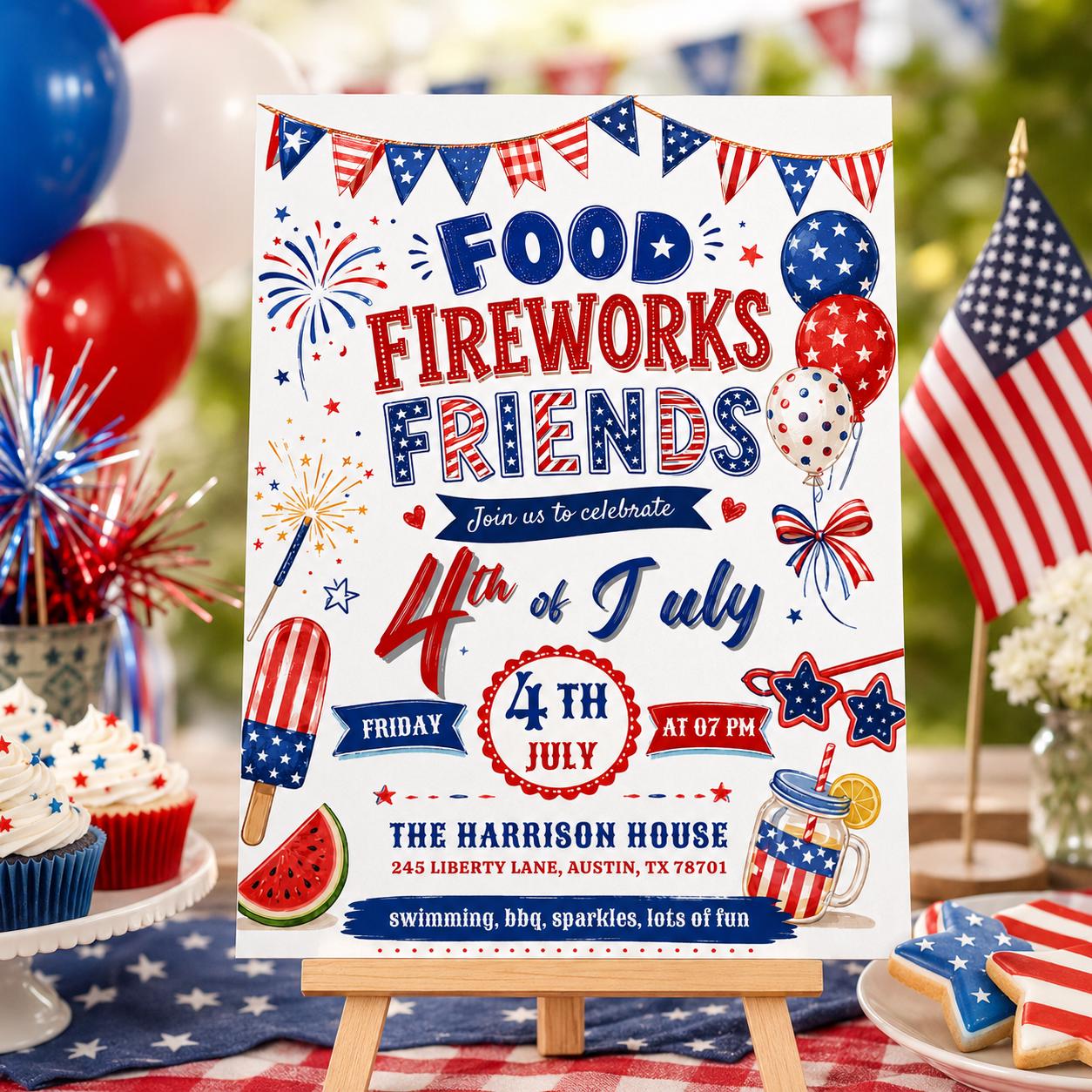 4th Of July BBQ Invitation, Party In USA Invite, Independence Day BBQ Barbeque Invite, July Fourth Food Friend and Firework, Editable Canva __etsy:8003748480