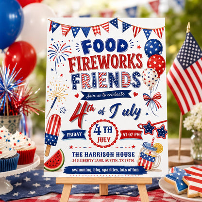 4th Of July BBQ Invitation, Party In USA Invite, Independence Day BBQ Barbeque Invite, July Fourth Food Friend and Firework, Editable Canva __etsy:8003748480