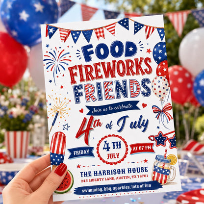 4th Of July BBQ Invitation, Party In USA Invite, Independence Day BBQ Barbeque Invite, July Fourth Food Friend and Firework, Editable Canva __etsy:8003748458