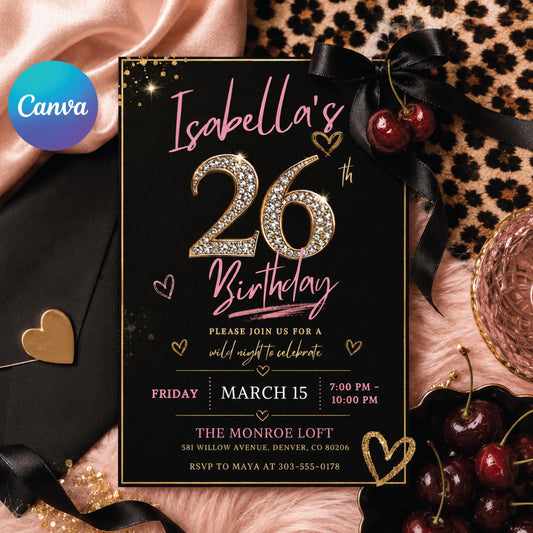 26th Pink Birthday, 26th birthday evite, 26th Cheetah, Glam Girls Night Out, Leopard Print, Girls Birthday Invite, Editable Canva Template __etsy:8063007913