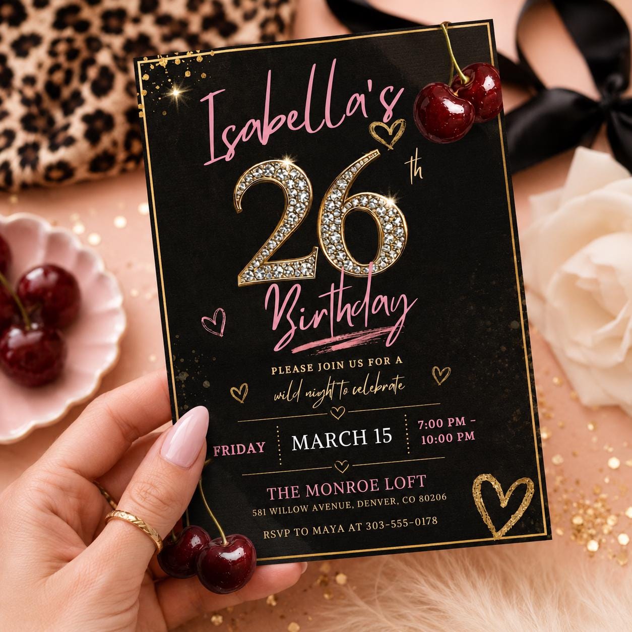 26th Pink Birthday, 26th birthday evite, 26th Cheetah, Glam Girls Night Out, Leopard Print, Girls Birthday Invite, Editable Canva Template __etsy:8015086766