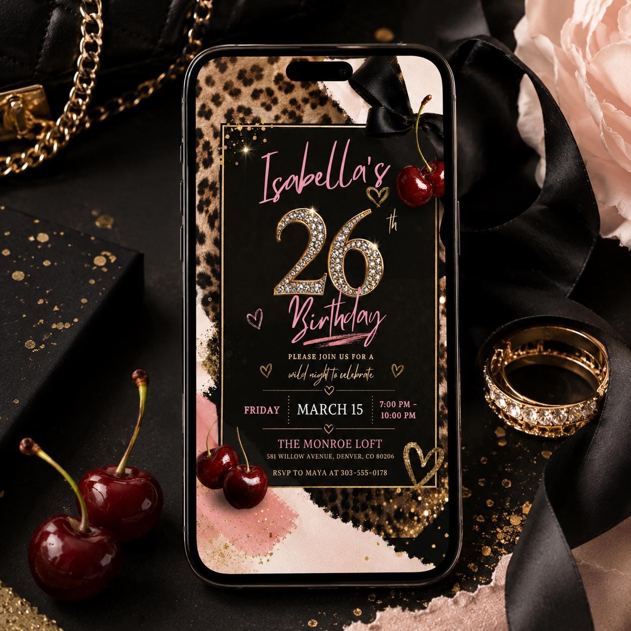 26th Pink Birthday, 26th birthday evite, 26th Cheetah, Glam Girls Night Out, Leopard Print, Girls Birthday Invite, Editable Canva Template __etsy:8015086778