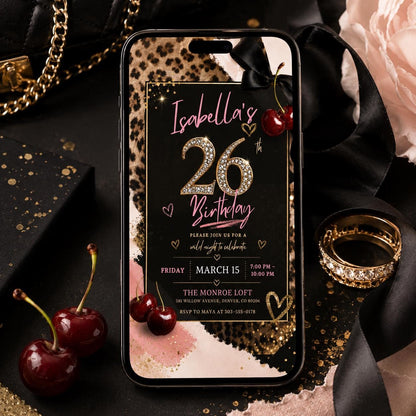 26th Pink Birthday, 26th birthday evite, 26th Cheetah, Glam Girls Night Out, Leopard Print, Girls Birthday Invite, Editable Canva Template __etsy:8015086778