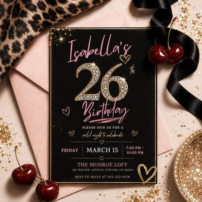 26th Pink Birthday, 26th birthday evite, 26th Cheetah, Glam Girls Night Out, Leopard Print, Girls Birthday Invite, Editable Canva Template __etsy:8015086780