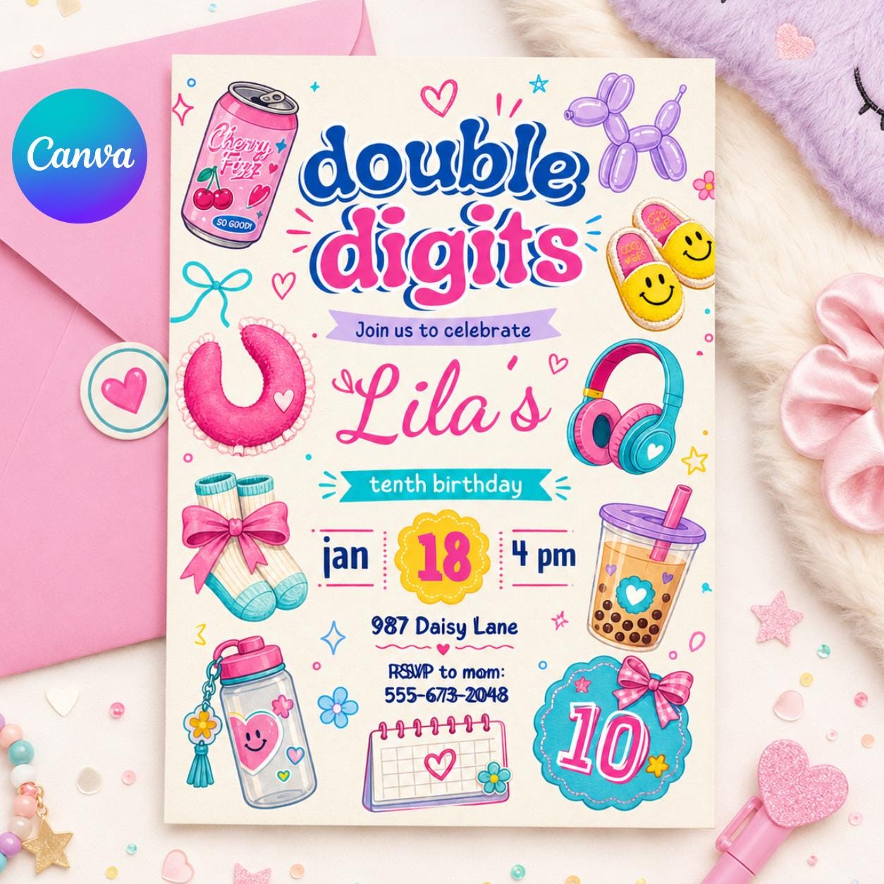 10th birthday party invitation, Hello Double Digits girl birthday invitation, Preppy invitation editable, ten birthday invitation, Groovy __etsy:7991737540