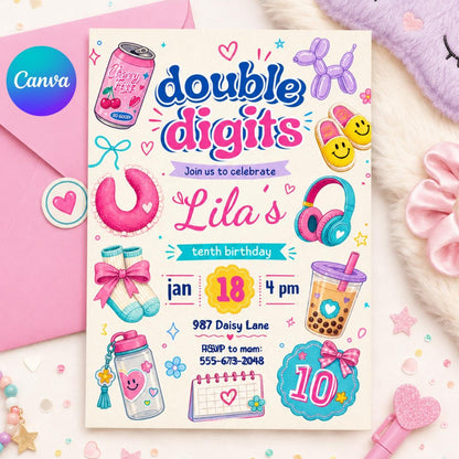 10th birthday party invitation, Hello Double Digits girl birthday invitation, Preppy invitation editable, ten birthday invitation, Groovy __etsy:7991737540