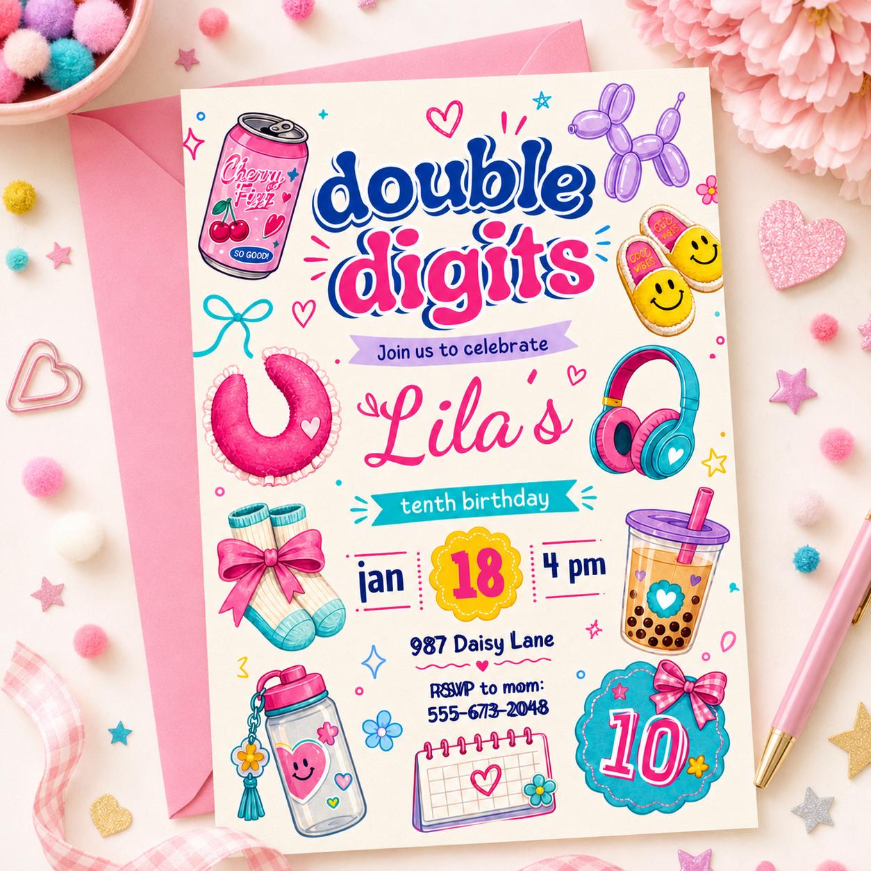 10th birthday party invitation, Hello Double Digits girl birthday invitation, Preppy invitation editable, ten birthday invitation, Groovy __etsy:8039676233
