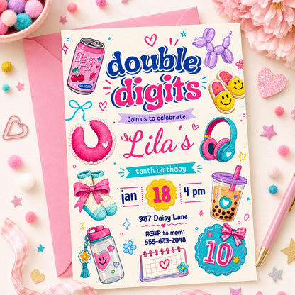 10th birthday party invitation, Hello Double Digits girl birthday invitation, Preppy invitation editable, ten birthday invitation, Groovy __etsy:8039676233