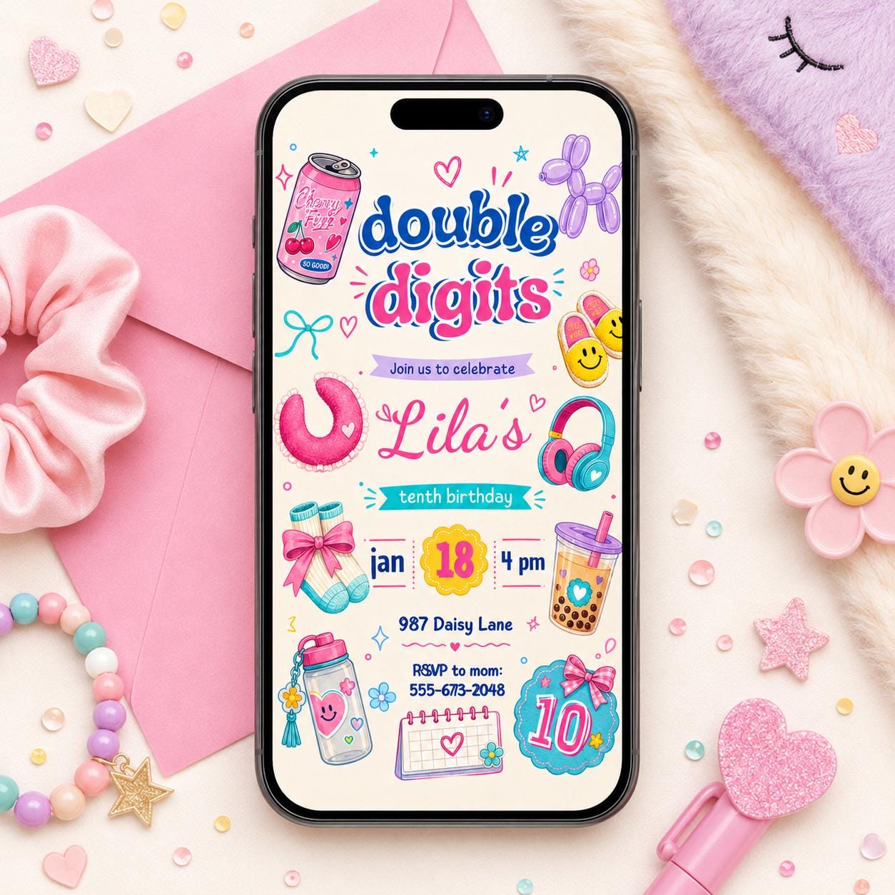 10th birthday party invitation, Hello Double Digits girl birthday invitation, Preppy invitation editable, ten birthday invitation, Groovy __etsy:7991737958