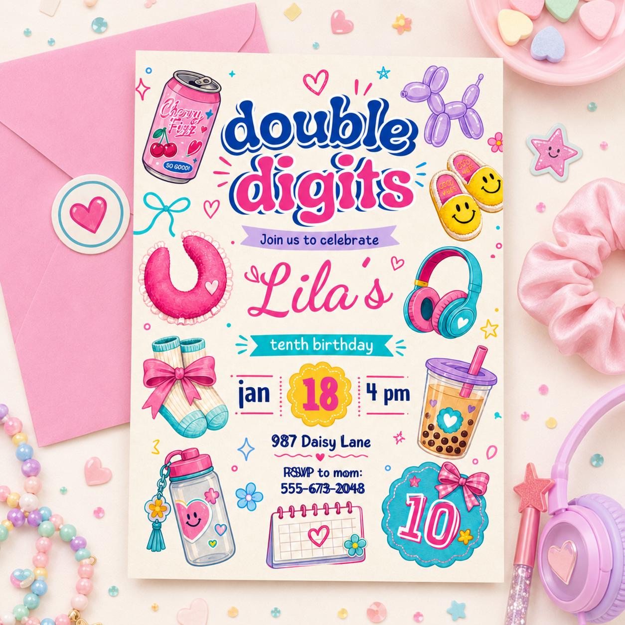 10th birthday party invitation, Hello Double Digits girl birthday invitation, Preppy invitation editable, ten birthday invitation, Groovy __etsy:7991738002