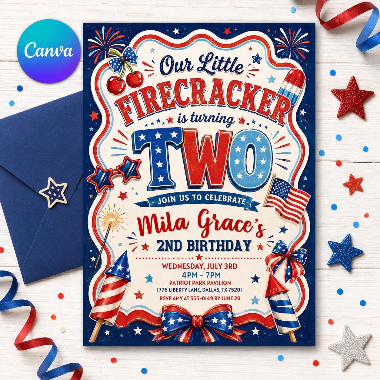4th of July Birthday Invitation , American Girl Birthday Patriotic , Red Gingham Little Firecracker Invite , Editable Canva Template __etsy:8057264552