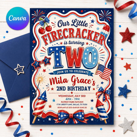 4th of July Birthday Invitation , American Girl Birthday Patriotic , Red Gingham Little Firecracker Invite , Editable Canva Template __etsy:8057264552