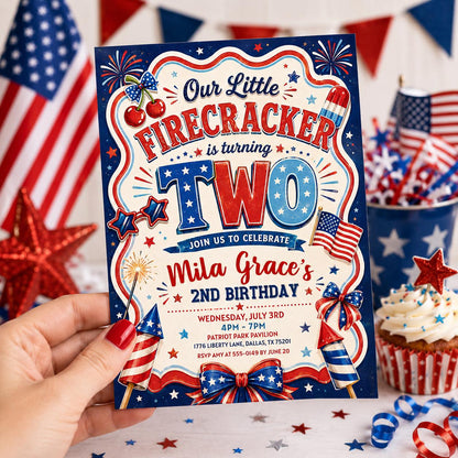 4th of July Birthday Invitation , American Girl Birthday Patriotic , Red Gingham Little Firecracker Invite , Editable Canva Template __etsy:8105175321