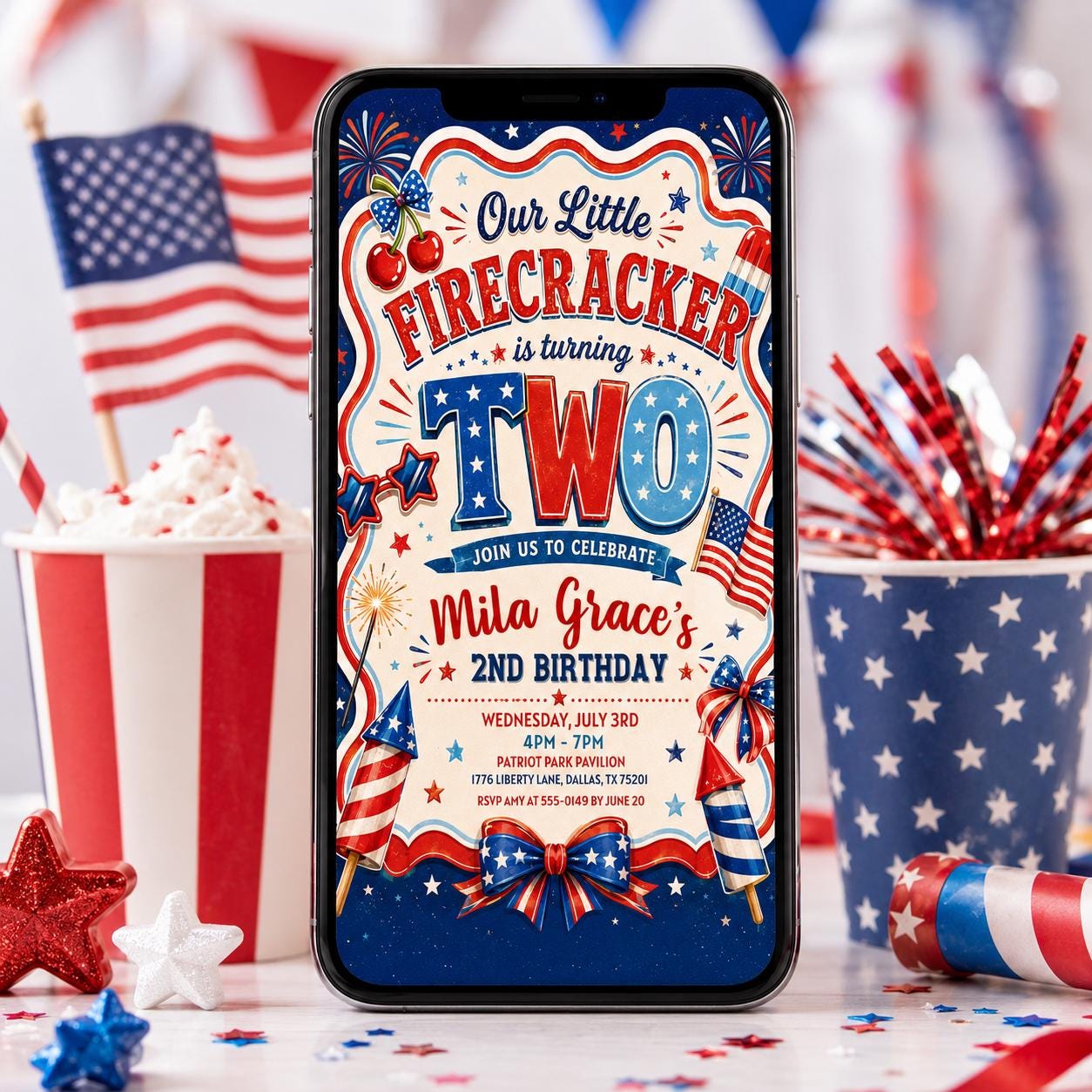 4th of July Birthday Invitation , American Girl Birthday Patriotic , Red Gingham Little Firecracker Invite , Editable Canva Template __etsy:8105175269