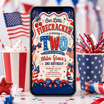 4th of July Birthday Invitation , American Girl Birthday Patriotic , Red Gingham Little Firecracker Invite , Editable Canva Template __etsy:8105175269