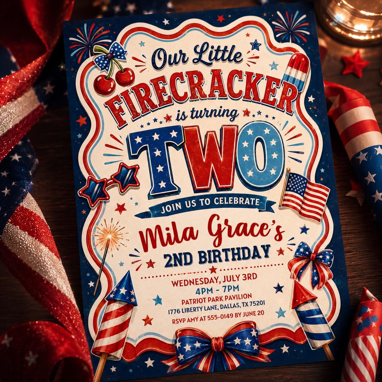 4th of July Birthday Invitation , American Girl Birthday Patriotic , Red Gingham Little Firecracker Invite , Editable Canva Template __etsy:8105175345