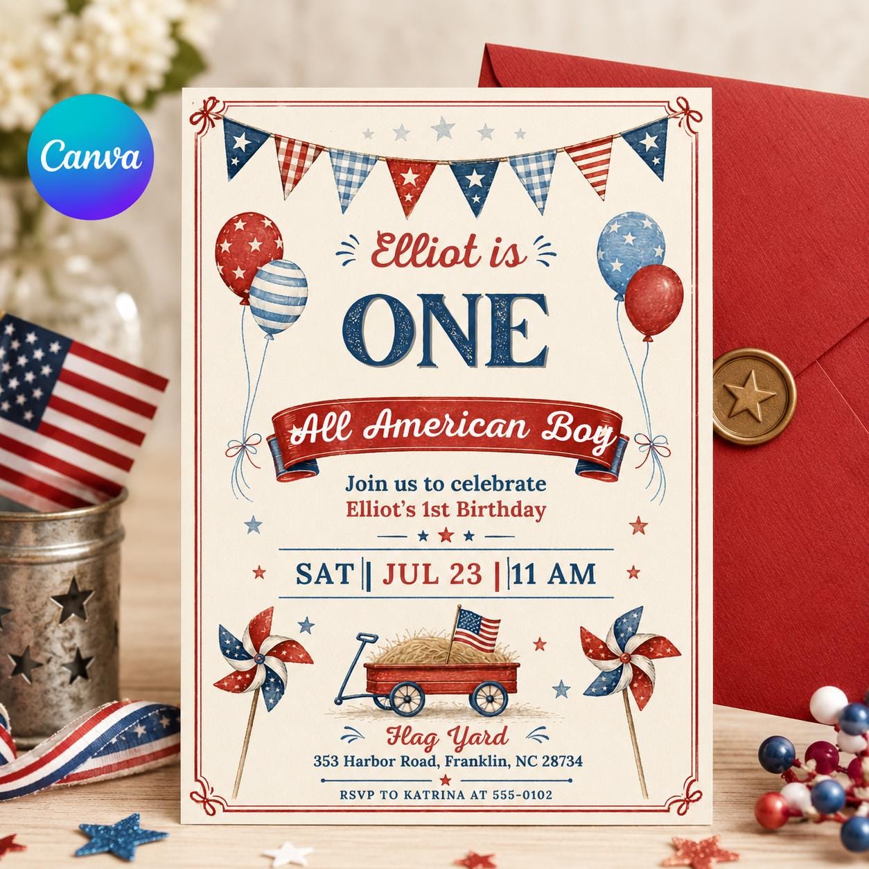 4th of July Birthday Invitation Template, Summer Patriotic Party Invite, Stars and Stripes Invite, 4th of July Invitation, Editable Canva __etsy:8071960180