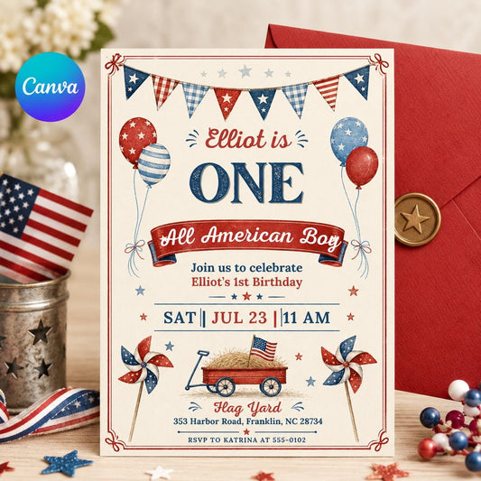 4th of July Birthday Invitation Template, Summer Patriotic Party Invite, Stars and Stripes Invite, 4th of July Invitation, Editable Canva __etsy:8071960180